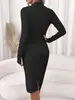 Vestido midi preto plissado sob medida para Amazon transfronteiriço, decote V, ajustado, elegante e estiloso