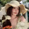 Sombrero de rafia, sombrero de verano para mujer para viajar, nuevo sombrero de sol grande para vacaciones con protección solar, sombrero de paja con ala floral para vacaciones