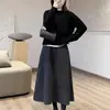 Falda de lana gris oscuro de cintura alta para mujer, estilo europeo de primavera y otoño, adelgazante, ajustada al cuerpo, falda midi de línea A tipo paraguas