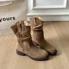 Botas Cowboy de Moda Retrô para Mulheres 2025 Primavera & Outono Novas Bico Redondo Salto Grosso Plissadas Empilhadas Botas Curtas Botas de Cavaleiro