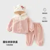 Conjunto de pijama de pelúcia com capuz para meninas para outono e inverno, com laço 3D e design de gato de desenho animado, um conjunto de duas peças quente