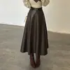 Falda midi de piel para mujer para otoño e invierno, de cintura alta, falda larga con bolsillos, que cubre la cadera y efecto adelgazante