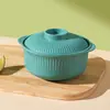 Cazuela de Plástico PP Transfronteriza con Tapa de Doble Asa, Bol para Fideos Instantáneos, Bol para Fideos Picantes Tipo Hot Pot, Cazuela Pequeña de Arroz con Rayas Verticales