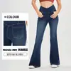 Calça Jeans Flare para Yoga de Alta Elasticidade Cruzada na Cintura, Emagrecimento e Levanta Bumbum, Calça Casual com Duplo Bolso e Efeito Desgastado