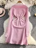 Vestido de punto de manga larga con cuello redondo y color contrastante a la moda para mujer, aspecto adelgazante, elegante falda de línea A