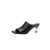 Comercio Exterior Europa Primavera y Verano Nueva Moda Boca de Pez Sandalias de Pantufla Completamente de Cuero Sandalias de Tacón Alto para Mujer Medias Pantuflas