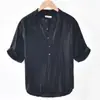 Camiseta de Lino de Manga Corta para Hombre Verano Cuello Casual Polo de Manga Media Vintage Arrugado Top de Algodón y Lino