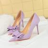 3265-H2 Moda Coreana Aspecto Adelgazante Tacones Altos Stiletto Sedas y Satines Boca Baja Punta Fina Moño Zapatos Planos Tacones Altos Zapatos de Mujer