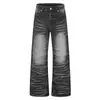 Jeans Retro Americanos Lavados con Olas de Agua Micro-Acampanados para Hombre Negro-Gris Degradado Deslavados de Peso Pesado Pierna Ancha Pantalones de Moda