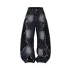Calça Jeans Patchwork Distressed Wasteland com Foice Masculina Design de Nicho Marca Tendência Perna Larga Longa Desbotada Lavada