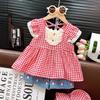 Conjunto Infantil Verão Novo Bebê Menina Renda Manga Pequena Voadora Top Xadrez Shorts Jeans Infantil Conjunto Duas Peças