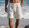 2025 nuevos pantalones cortos de algodón y lino con cordón cintura elástica pierna recta color liso transpirables diarios playa cinco pantalones casuales