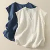 Algodão e Linho Design Minimalista Versátil Top Sem Mangas com Decote em V, Emagrecedor, Relaxado, Solto e Confortável Regata