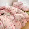 Juego de Cuatro Piezas de Algodón Puro Clase A Ropa de Cama para Dormir Desnudo Algodón Lavado con Agua Estilo Sábana Ajustable Ins Fresco Pequeño Sábana Funda de Edredón Dormitorio Juego de Tres Piezas