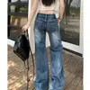 Pantalones de Pierna Ancha de Mezclilla Lavada Desgastada Estilo Hot Girl Vintage para Mujer, Nuevo Estilo Versátil de Moda, Pantalones Fluidos de Corte Delgado hasta el Suelo