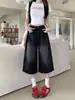 Pantalones de Mezclilla Negros Cropped Estilo Americano para Mujer, Verano Ajuste Holgado, Tallas Grandes, Cintura Alta, Pierna Recta, Pierna Ancha
