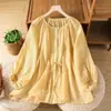 Blusa Blanca Ligeramente Transparente para Mujer, Camisa de Verano Holgada con Cordones y Mangas de Linterna, Top Francés Delgado Protector Solar