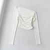 Camiseta de Manga Larga con Pliegues Ajustada para Chica Hot Madura Ligera Pura Sexy Hombro Sexy Ajustada Cintura Alta Ombligo Top Básico