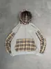 Cárdigan con capucha de retazos a cuadros grises y marrones con bordado de letras pequeñas, sudadera unisex con cremallera estilo universitario vintage holgada