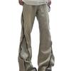 Jeans Cor de Lama Amarela design masculino zíper fenda high street perna larga retro americano lavado desgastado reto calças