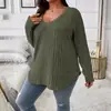 2024 Amazon Otoño e Invierno Nuevo Top de Color Sólido Talla Grande para Mujer Cuello en V Manga Larga Camiseta de Canalé Cepillada Holgada Pulóver