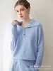 Suéter de punto de cachemira pura estilo simple para mujer, otoño e invierno, con cuello azul marino, manga larga, media botonadura, suéter cálido como capa base, modelo nuevo