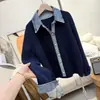 Camisa de Mezclilla para Mujer Otoño/Invierno Estilo Coreano Cuello Camisero Patchwork Cardigan de Punto Falso de Dos Piezas Chaqueta 13257