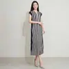 Nuevo Vestido Plisado Rayado de Verano para Mujer, Moderno Vestido Largo Azul y Blanco con Bloques de Color, Estilo Coreano, Corte Ajustado