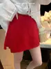Saia Retro Vermelha de Linho Feminina Verão Senso de Design Nicho Cintura Alta Saia Evasê Tamanho Grande Casual Fenda Mini Saia Calça