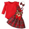 Roupas infantis de Natal 2023 outono novo macacão de manga comprida para bebês meninas com estampa de veado de ângulo grande xadrez conjunto de vestido com suspensório