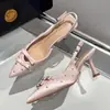 Zapatos de Tacón Alto con Lazo Rosa Estilo Coreano Inspirados en Chanel para Mujer, Elegantes Sandalias de Tacón de Aguja con Punta Fina, Espalda Abierta y Adornos de Pedrería