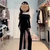 Vestido largo de manga larga irregular con volantes y hombros descubiertos estilo europeo y americano 2025 para mujer, corte ajustado, silueta A, falda larga