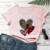 Camiseta del Día de San Valentín con Estampado de Leopardo a Cuadros y Corazones, Camiseta de Cuello Redondo de Comercio Exterior para Exportación Europea y Americana