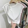 Camiseta feminina de malha com gola redonda e manga curta, de seda gelada, verão 2025, nova, slim fit, coringa, pequena, manga curta