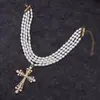 Collar de Cruz Ciberpunk Transfronterizo Europeo y Americano Oscuro Exagerado Micro-incrustado Perla Imitación Multicapa Apilado