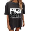Top de Manga Curta com Estampa Retrô de Caveira Sol Lua Verão Roupas Góticas Camiseta Preta 2025
