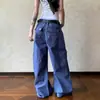 Pantalones de leñador azules de estilo americano con múltiples bolsillos para hombres y mujeres, corte limpio, holgados, de pierna recta, versátiles, con efecto apilado