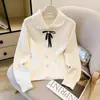 Cardigan Jaqueta Tricotado Estilo Francês Doce com Laço Novo para Outono e Inverno Gola de Boneca Suéter Gentil Rejuvenescedor para Mulheres
