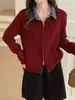 Elegante cárdigan de punto con patchwork de mezclilla y doble cremallera para mujer, otoño e invierno, juvenil y de corte holgado, top elegante