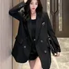 Blazer Negro de Alta Gama de Doble Botón para Mujer Primavera y Otoño Estilo Británico Transfronterizo Elegante Holgado Adelgazante Traje Pequeño
