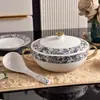 Estilo Europeo Hueso Porcelana Hortensia Azul Azul y Blanco 58 Piezas Olla Sopera Bol Plato para Pescado Bol de Arroz Cuchara para Sopa Plato de Cena Taza de Té Vajilla Fábrica Venta al por Mayor