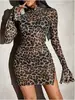 Fabricante Amazon Exportación Transfronteriza 2025 Nuevo Otoño e Invierno Europeo y Americano Sexy Estampado de Leopardo Vestido de Manga Larga Falda Corta