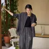 2023 Principios de Otoño Sarga Literaria Teñida en Hilo Lino Mezclilla Holgada Casual Texturizada Mangas de Ocho Denim Chaqueta Camisa