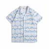 Camisa Tricotada Manga Curta Gola Cubana Vazada Estilo Coreano para Homens, Estilo de Férias na Praia, Sensação Preguiçosa e Relaxada, Camisa Listrada em Contraste
