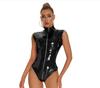 Novo Conjunto de Corset de Couro Brilhante com Abertura na Virilha com Zíper, Lingerie Brilhante em Pu Estilo Europeu e Americano, Macacão de Couro Patente para Boate
