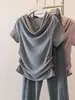 Elegante camiseta de manga corta con hombros descubiertos para mujer, verano 2026, talla grande, corte ajustado, top de manga corta que disimula el abdomen 11527