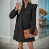 Bai Fen Zhi YiAmazon 2025 Nuevo Vestido Transfronterizo de Color Sólido con Volantes, Manga Larga, Holgado y Cuello Alto para Mujer