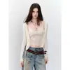 VIAPITI Camisola com Renda Jacquard Falsa de Duas Peças com Decote V e Amarração em Tencel