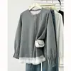 Moletom Feminino Plus Size, Nova Moda Primavera, Aplicação de Renda, Punhos Franzidos, Blusa de Manga Longa, Camiseta para Mulheres Plus Size 9547