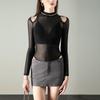 Malla Negra con Ranuras Superior Sexy Europeo y Americano Micro-transparente Spice Girls Manga Larga Baile Yoga Fitness Camiseta